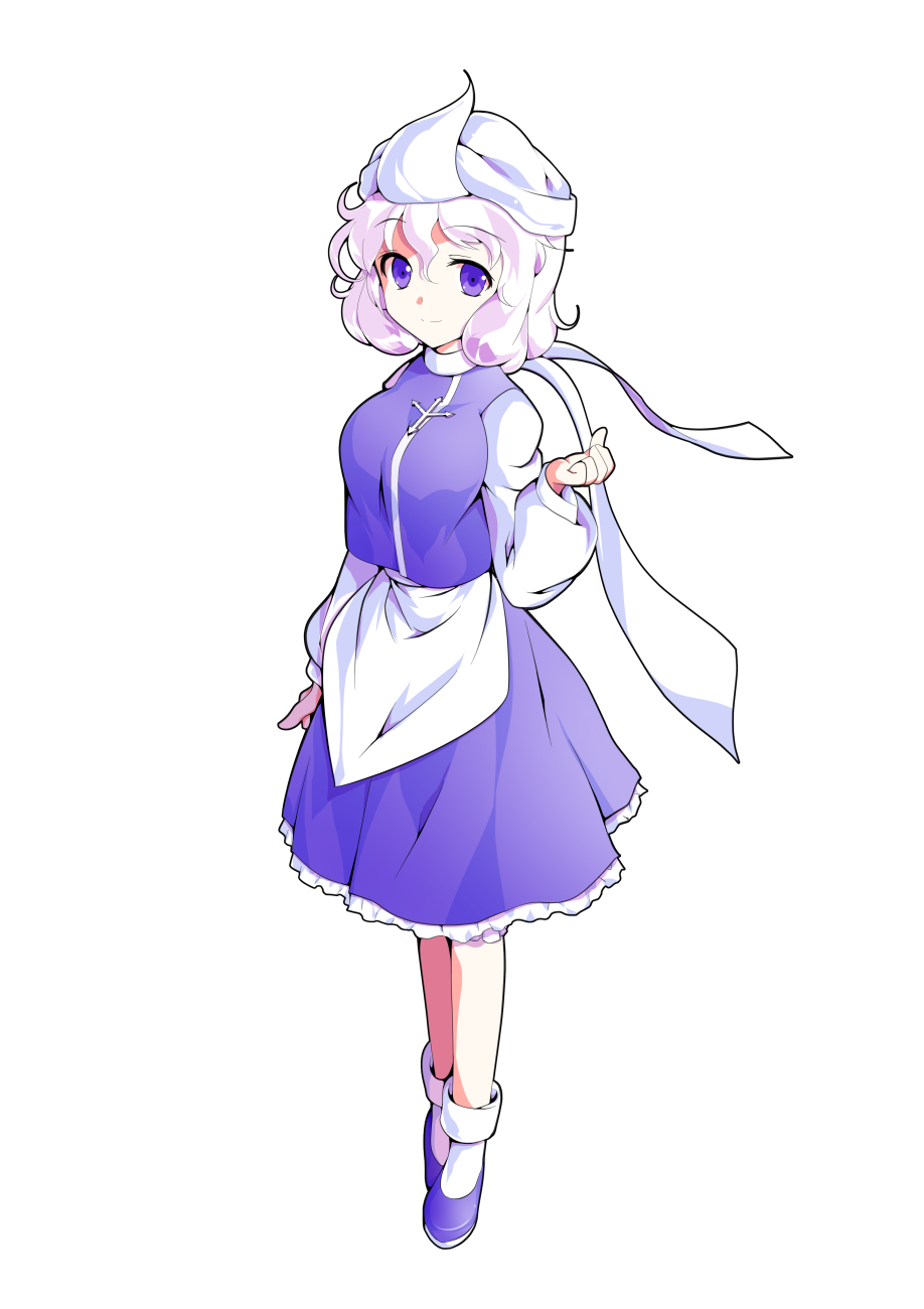 1girl alphes_(style) apron arm_at_side bangs bobby_socks breasts closed_mouth dairi eyebrows eyebrows_visible_through_hair frilled_skirt frills full_body hair_between_eyes hat highres large_breasts letty_whiterock long_sleeves looking_at_viewer parody purple_footwear purple_shirt purple_skirt shirt shoes short_hair simple_background skirt skirt_set smile socks solo style_parody tareme touhou transparent_background triangular_headpiece turtleneck undershirt violet_eyes waist_apron white_apron white_hair white_hat white_legwear white_shirt