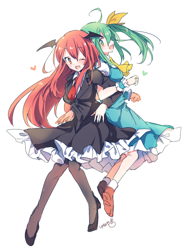 2girls :d ;d back-to-back black_footwear black_legwear black_skirt breasts brown_footwear daiyousei full_body green_eyes green_hair head_wings heart high_heels koakuma locked_arms long_hair looking_at_viewer medium_breasts miniskirt multiple_girls necktie one_eye_closed open_mouth pantyhose red_eyes red_neckwear redhead shoes simple_background sketch skirt smile standing touhou white_background wrist_cuffs yukimiya_(parupunta)