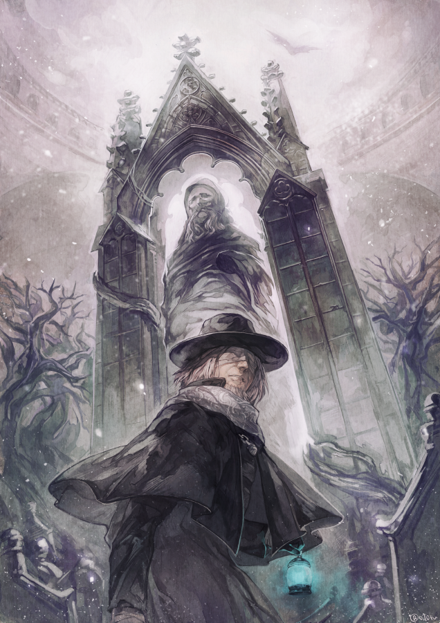 1boy bandage bandage_on_face bloodborne cat father_gascoigne hat lamb priest signature souls_(from_software) statue tree yoshioka_(haco)