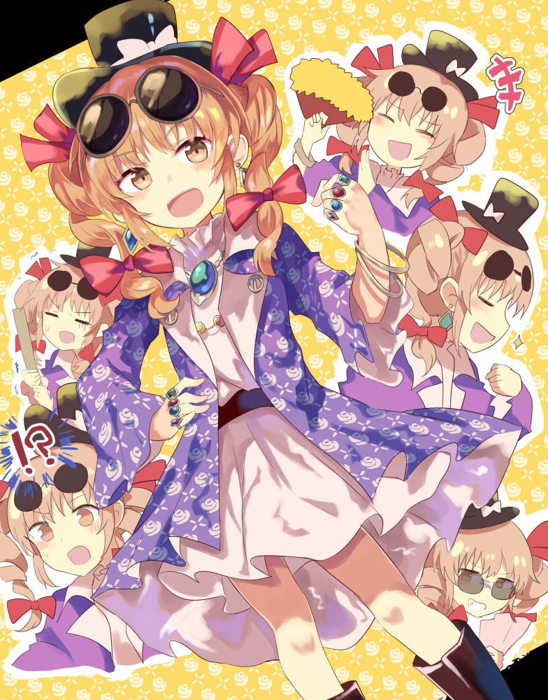 !? +++ 1girl black_hat bow dress drill_hair earrings eyewear_on_head fan grin hair_bow hand_on_hip hand_up hat hat_bow holding jacket jewelry laughing looking_at_viewer multiple_views necklace ojou-sama_pose open_clothes open_jacket open_mouth purple_jacket red_bow ring short_dress smile sunglasses surprised to-den_(v-rinmiku) touhou twin_drills white_bow white_dress yorigami_jo'on