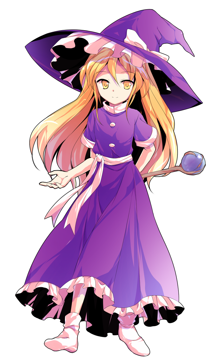 1girl alphes_(style) arm_behind_back bangs bare_arms blonde_hair bow buttons dairi dress eyebrows eyebrows_visible_through_hair facing_viewer frilled_dress frilled_hat frills full_body hair_between_eyes hat hat_bow holding kirisame_marisa kirisame_marisa_(pc-98) legs_apart long_hair looking_at_viewer orb parody purple_dress purple_hat scepter short_sleeves sidelocks simple_background smile socks solo standing style_parody touhou touhou_(pc-98) transparent_background turtleneck white_bow white_legwear witch witch_hat yellow_eyes