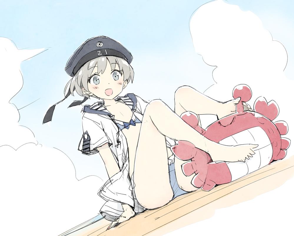 1girl :d bare_legs barefoot bikini blue_bikini blue_hat blue_sailor_collar blue_sky blush character_name clouds commentary_request dutch_angle eyebrows_visible_through_hair flat_chest grey_eyes hat inflatable_toy kantai_collection open_clothes open_mouth open_shirt outdoors peko school_uniform serafuku shirt short_hair short_sleeves silver_hair sitting sky smile solo swimsuit white_shirt z1_leberecht_maass_(kantai_collection)