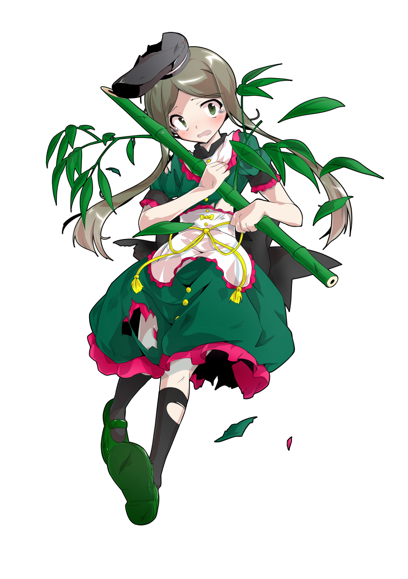 1girl alphes_(style) apron bamboo bamboo_shoot bare_arms black_hat black_legwear bow capelet dairi damaged dress eyebrows eyebrows_visible_through_hair full_body green_dress green_eyes green_footwear grey_hair hat kneehighs leaf long_hair mary_janes open_mouth parody ribbon shoes sidelocks simple_background solo style_parody tears teireida_mai torn_clothes torn_dress torn_hat touhou transparent_background waist_apron white_apron white_capelet yellow_bow yellow_ribbon
