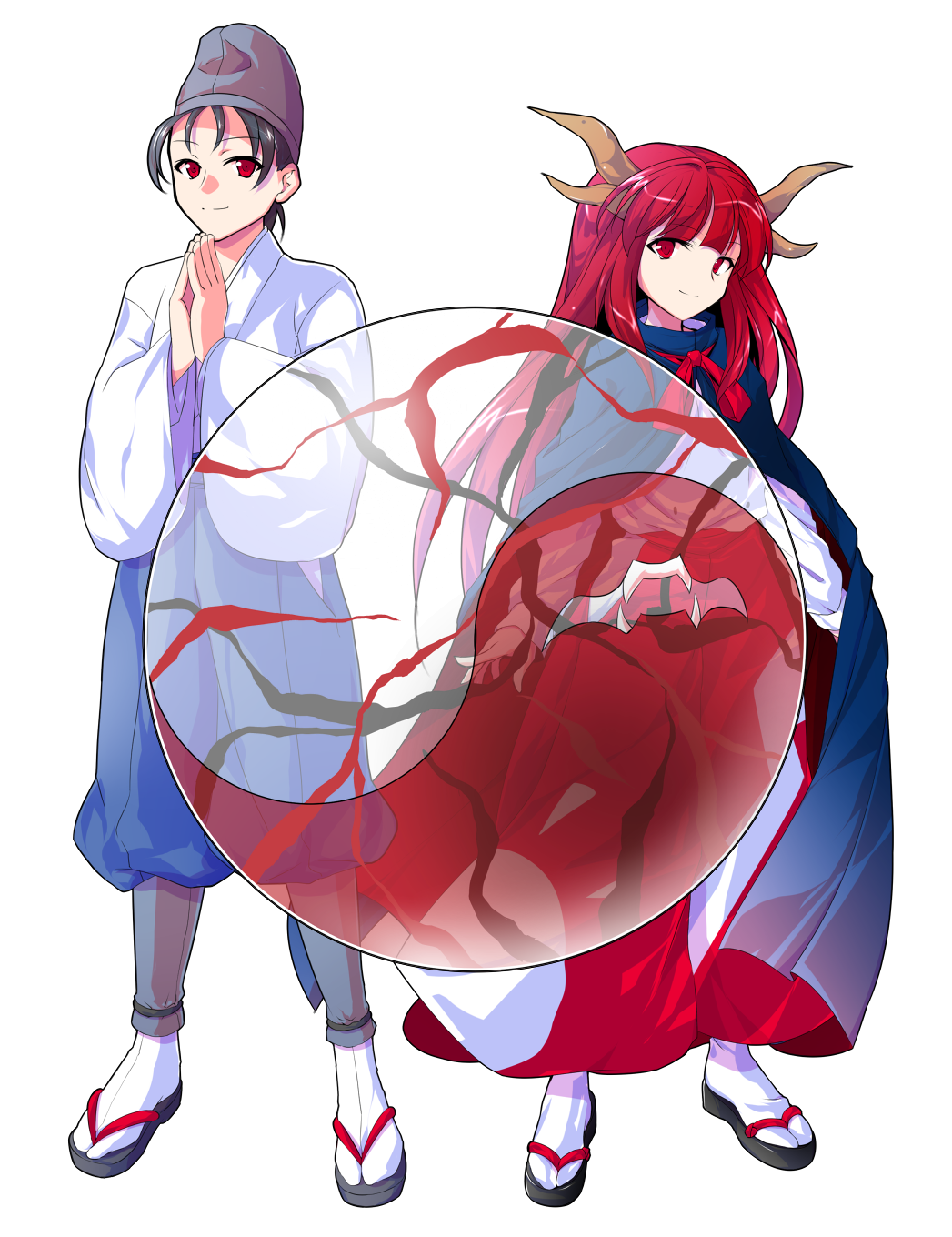 1boy 1girl alphes_(style) bangs black_hair blue_cape blue_hat blue_pants cape closed_mouth dairi eyebrows eyebrows_visible_through_hair full_body hands_together haori hat highres horns japanese_clothes legs_apart long_hair long_sleeves pants parody red_eyes red_pants red_ribbon redhead ribbon see-through shingyoku shingyoku_(male) shirt short_hair simple_background smile standing straight_hair style_parody tabi tate_eboshi touhou transparent_background white_legwear white_shirt wide_sleeves yin_yang