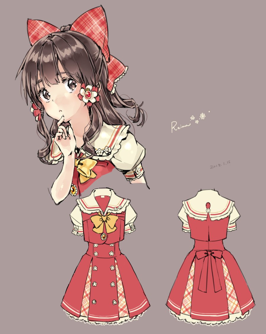 1girl :&lt; adapted_costume bangs blush bow bowtie brown_eyes brown_hair character_name dress eyebrows finger_to_chin flower frilled_shirt_collar frills grey_background hair_bow hair_flower hair_ornament hair_tubes hakurei_reimu hand_up jiinyo_(awamoe1207) large_bow long_hair plaid plaid_bow ponytail puffy_short_sleeves puffy_sleeves red_bow school_uniform serafuku short_sleeves simple_background solo thinking touhou yellow_neckwear