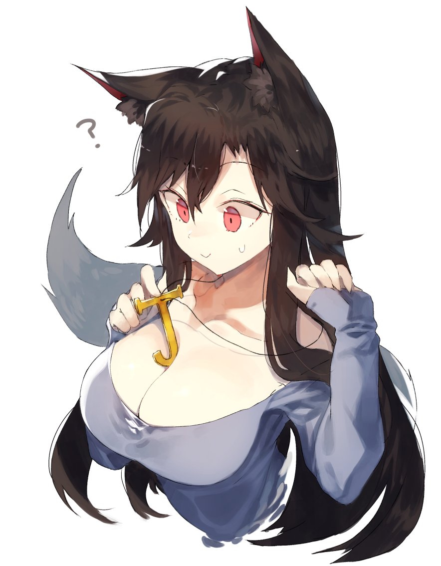 1girl ? alternate_costume animal_ears between_breasts breasts brown_hair cleavage grey_sweater hair_ornament hands_up imaizumi_kagerou jewelry kasuka_(kusuki) large_breasts long_hair long_sleeves necklace red_eyes simple_background solo sweatdrop sweater touhou upper_body white_background wolf_ears