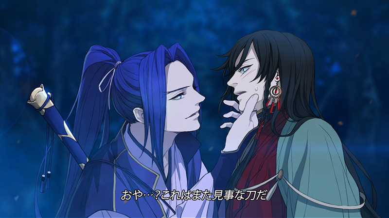 2boys assassin_(fate/stay_night) black_hair blue_eyes blue_hair braid company_connection crossover earrings fate/stay_night fate_(series) hand_on_another's_face izumi-no-kami_kanesada japanese_clothes jewelry katsugeki/touken_ranbu male_focus multiple_boys open_mouth ponytail side_braid smile sweat touken_ranbu twoframe ufotable yaoi