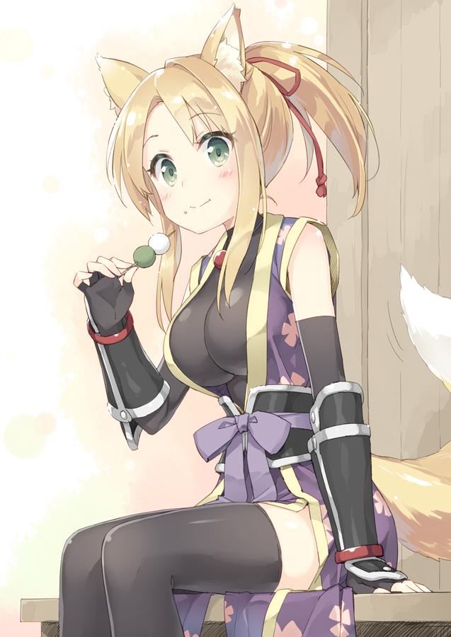 1girl animal_ears bare_shoulders black_gloves black_legwear blonde_hair blush breasts closed_mouth commentary_request dango dog_days eating elbow_gloves eyebrows_visible_through_hair fingerless_gloves food food_on_face fox_ears fox_tail gloves green_eyes hair_ribbon japanese_clothes kimono large_breasts looking_at_viewer obi peko purple_kimono red_ribbon ribbon sash short_kimono sitting smile solo tail thigh-highs vambraces wagashi yukikaze_panettone