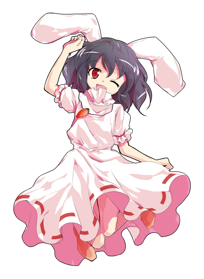 1girl ;d alphes_(style) animal_ears bangs black_hair carrot carrot_necklace dairi dress eyebrows eyebrows_visible_through_hair frilled_sleeves frills hair_between_eyes head_tilt inaba_tewi jewelry necklace one_eye_closed open_mouth parody pink_dress puffy_short_sleeves puffy_sleeves rabbit_ears red_eyes ribbon-trimmed_clothes ribbon-trimmed_dress ribbon_trim short_hair short_sleeves smile solo style_parody touhou