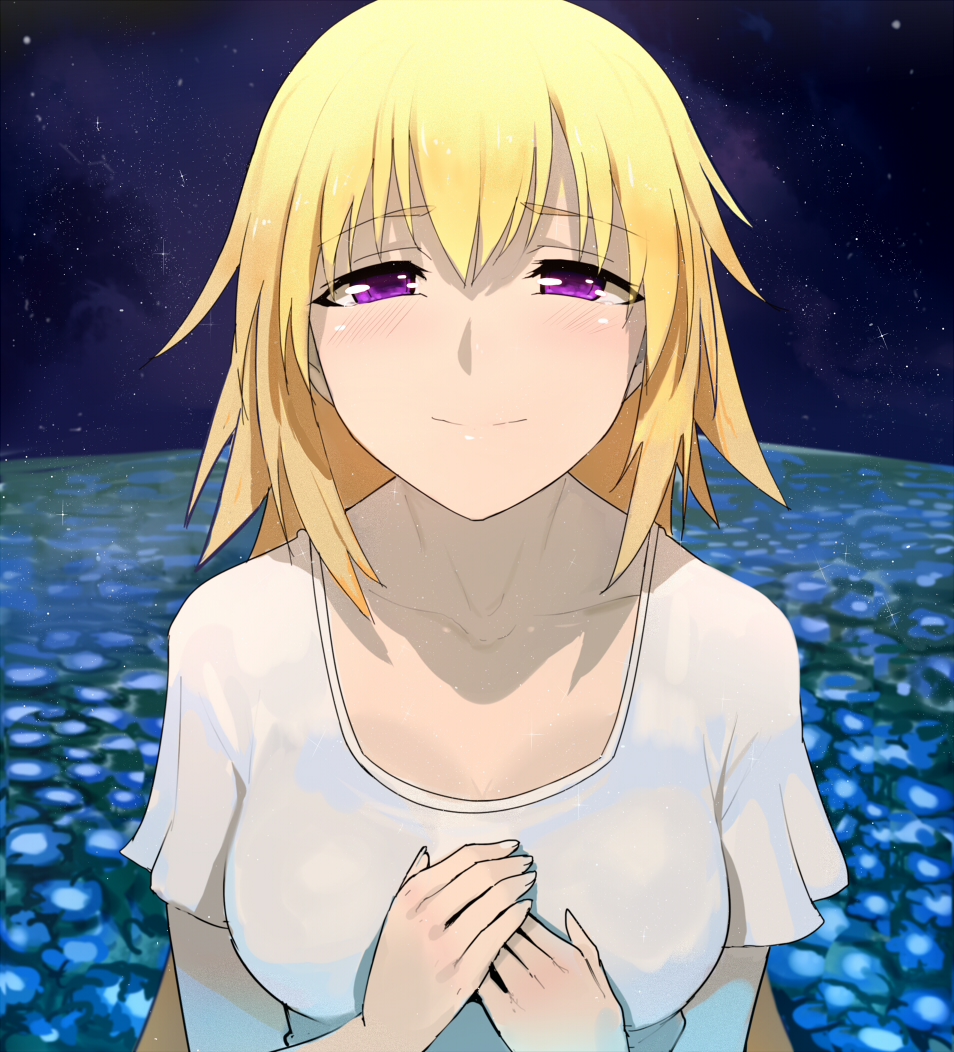1girl blonde_hair blouse blush breasts casual contemporary fate/apocrypha fate_(series) field flower flower_field hair_between_eyes hands_on_own_chest jeanne_d'arc_(fate) jeanne_d'arc_(fate)_(all) long_hair looking_at_viewer medium_breasts night night_sky shiny shiny_skin shirt sky smile solo star_(sky) upper_body violet_eyes walzrj white_shirt