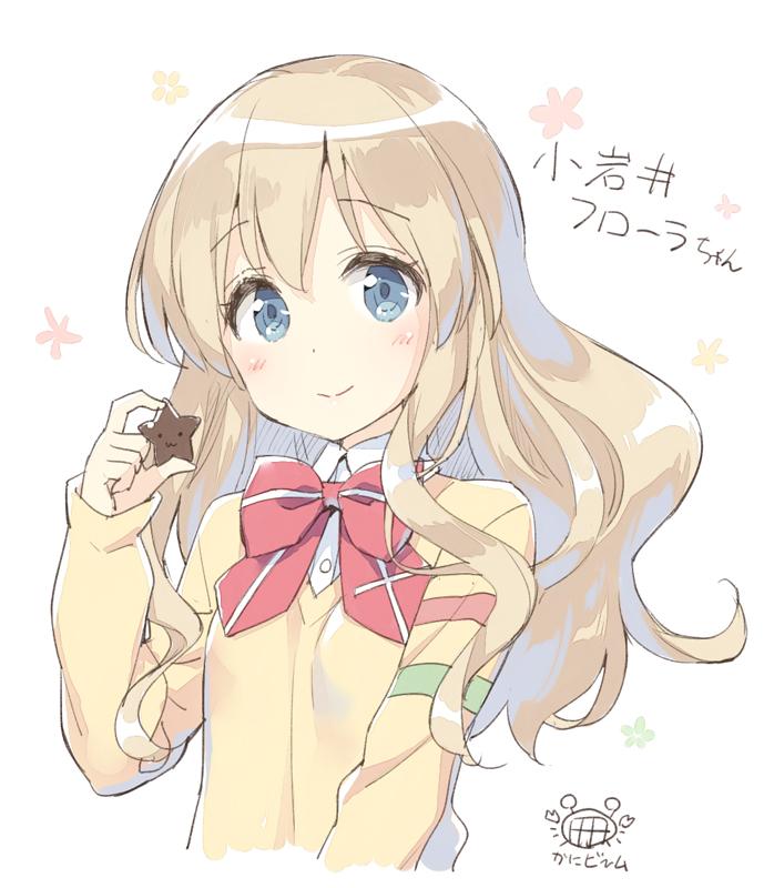 1girl blonde_hair blue_eyes blush bow bowtie character_name character_request chocolate closed_mouth collared_shirt commentary_request copyright_request dated eyebrows_visible_through_hair holding long_hair long_sleeves looking_at_viewer peko red_neckwear shirt smile solo sweater upper_body wing_collar yellow_sweater