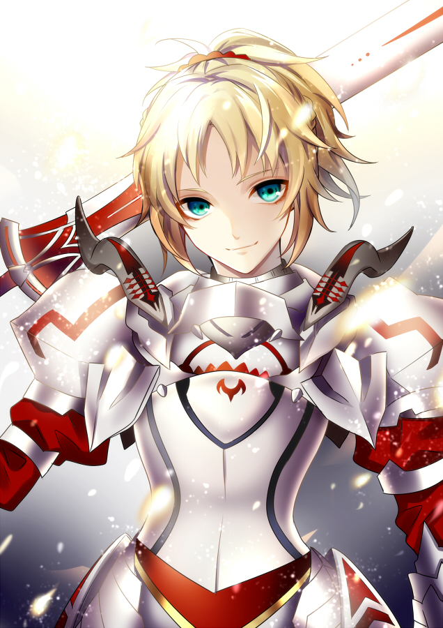 1girl aqua_eyes armor blonde_hair clarent fate/grand_order fate_(series) hair_ornament hair_scrunchie looking_at_viewer mordred_(fate) mordred_(fate)_(all) pauldrons scrunchie short_hair short_ponytail solo sword umemiya618 weapon