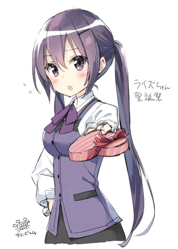 1girl :o bangs bow bowtie collared_shirt commentary_request eyebrows_visible_through_hair flying_sweatdrops gift giving gochuumon_wa_usagi_desu_ka? hair_between_eyes hand_on_hip heart-shaped_box long_hair long_sleeves peko purple_hair purple_neckwear purple_vest shirt signature simple_background solo standing tedeza_rize translation_request twintails valentine very_long_hair vest violet_eyes white_background white_shirt wing_collar