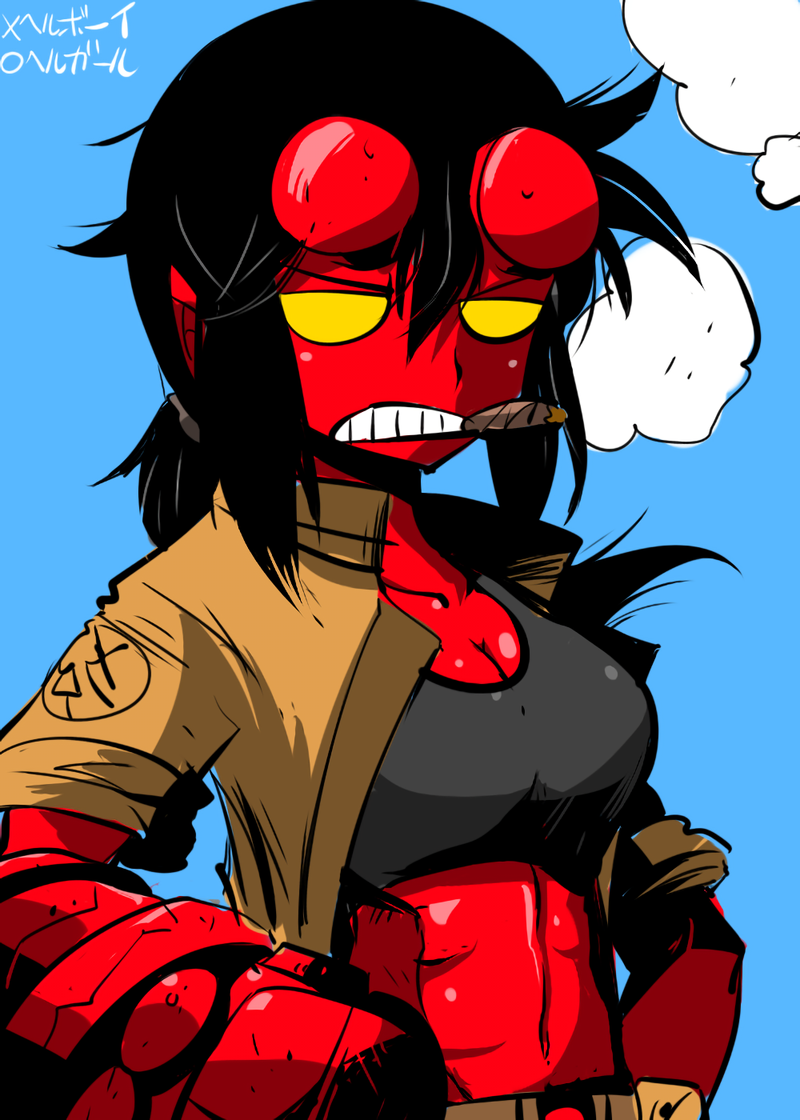 1girl abs belt bike_shorts black_hair blue_background breasts broken_horn cigar cleavage demon demon_girl demon_tail genderswap genderswap_(mtf) gun hellboy hellboy_(comic) holster hooves horns jacket navel ponytail rariatto_(ganguri) red_skin sidelocks smoke smoking solo standing tail utility_belt weapon yellow_eyes