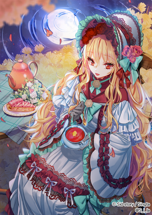 1girl aqua_ribbon autumn_leaves blonde_hair cake carpet cup dress flower food hat hat_flower hat_ornament interitio lake moon night night_sky official_art pie pot red_eyes red_ribbon ribbon sid_story sky solo table tea teacup teapot white_dress