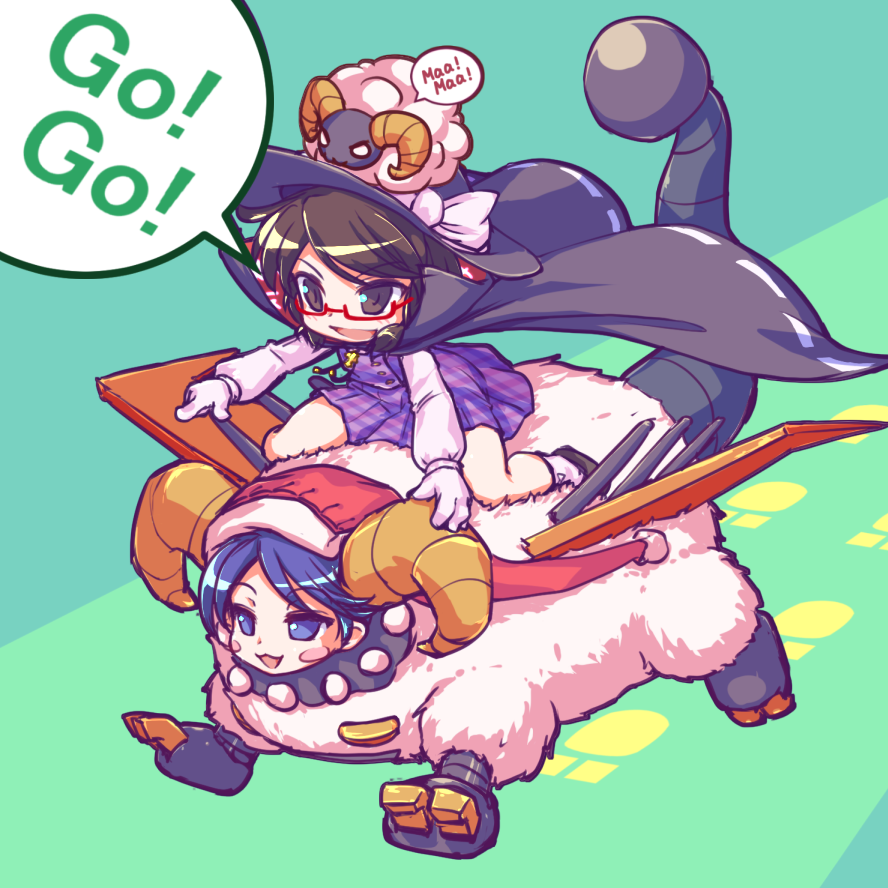 2girls :3 black_hat blue_eyes blue_hair blush_stickers bow brown_eyes brown_hair cape curled_horns doreking doremy_sweet dress english fedora footprints glasses gloves hat hat_bow hat_ribbon isu_(is88) long_sleeves multiple_girls nightcap open_mouth plaid pointing pom_pom_(clothes) purple_dress red-framed_eyewear red_hat ribbon riding school_uniform semi-rimless_eyewear sheep short_hair sitting skirt skirt_set smile touhou under-rim_eyewear usami_sumireko vest white_bow white_gloves white_ribbon