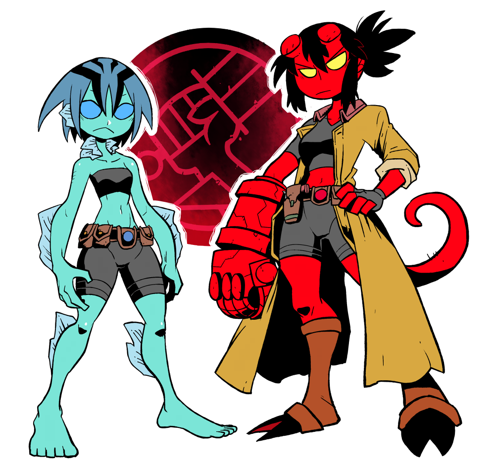 2girls abraham_sapien bare_shoulders barefoot belt bike_shorts black_hair blue_eyes blue_hair blue_skin broken_horn demon demon_girl demon_tail fingerless_gloves fins fishman genderswap genderswap_(mtf) gills gloves gun hellboy hellboy_(comic) holster hooves horns jacket medium_hair multicolored_hair multiple_girls navel ponytail rariatto_(ganguri) red_skin sidelocks standing strapless tail tubetop two-tone_hair utility_belt weapon white_background yellow_eyes