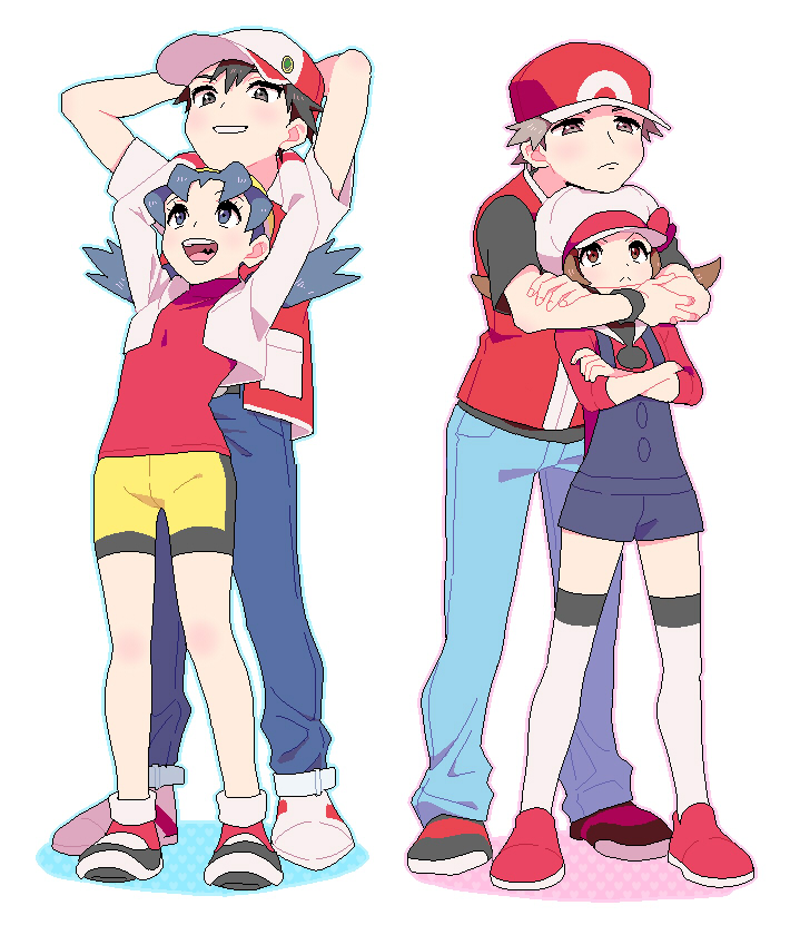 2boys 2girls baseball_cap bike_shorts crystal_(pokemon) dual_persona hat height_difference kotone_(pokemon) multiple_boys multiple_girls pokemon pokemon_(game) pokemon_gsc pokemon_hgss pumpkinpan red_(pokemon) red_(pokemon)_(classic) red_(pokemon)_(remake)