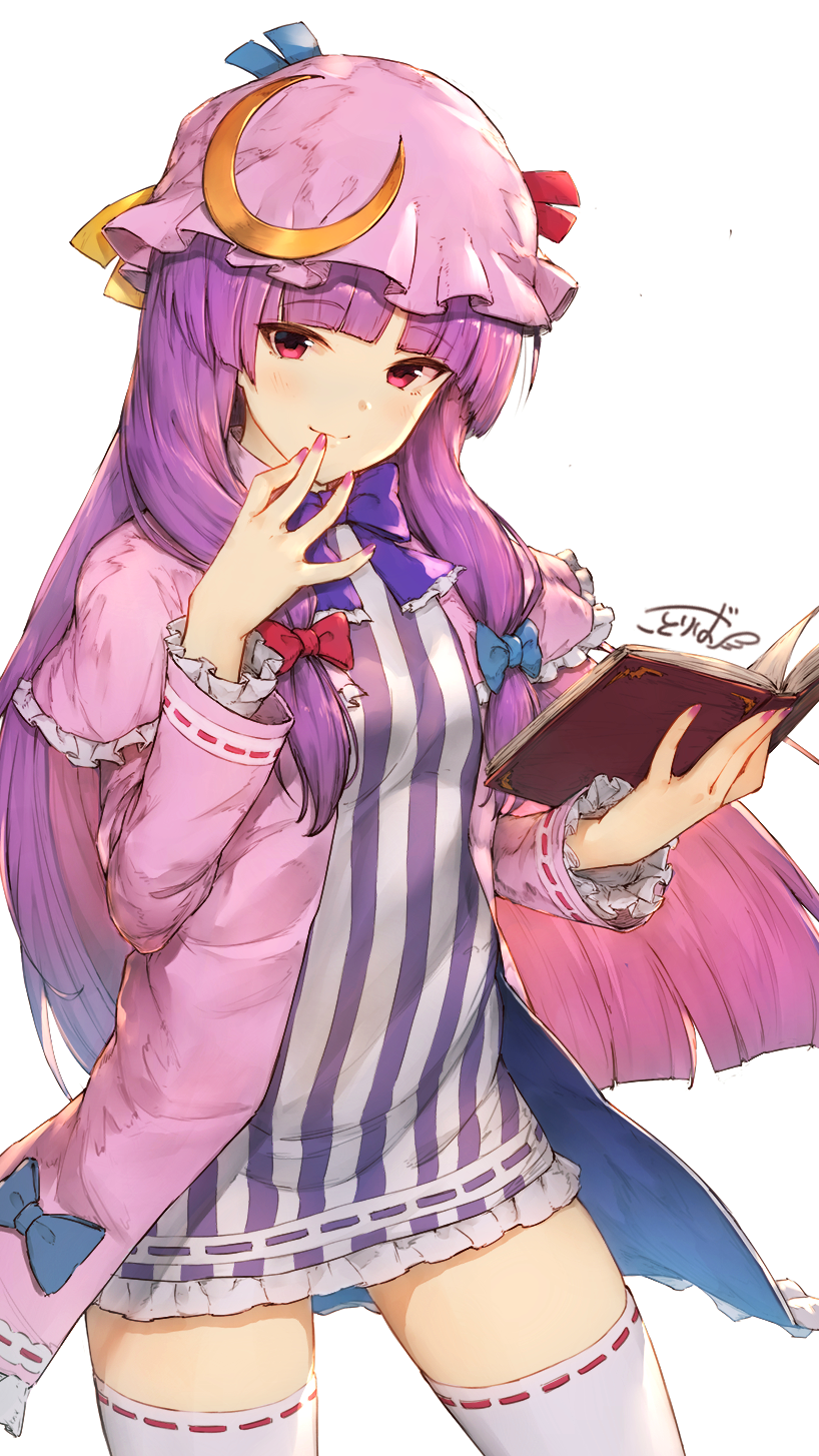 1girl bangs blue_bow blunt_bangs book bow bowtie capelet closed_mouth crescent crescent_moon_pin dress gradient_hair hair_bow hat hat_ribbon highres holding holding_book kotoribako long_hair long_sleeves looking_at_viewer multicolored_hair nail_polish patchouli_knowledge pink_eyes pink_hair pink_hat pink_nails purple_hair purple_neckwear red_bow ribbon ribbon-trimmed_legwear ribbon_trim short_dress simple_background smile solo striped striped_dress thigh-highs touhou very_long_hair white_background white_legwear