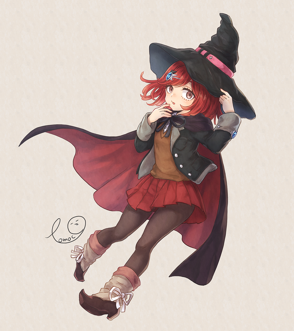 1girl boots brown_eyes cape dangan_ronpa hair_ornament hairclip hand_on_headwear hat new_dangan_ronpa_v3 open_mouth pantyhose pleated_skirt redhead short_hair skirt solo tomoco9 witch_hat yumeno_himiko