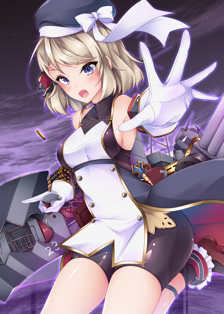 1girl azur_lane bare_shoulders beret bike_shorts black_legwear blonde_hair blue_eyes boots bow breasts bullet cannon feiren gloves hair_bow hat mast medium_breasts night ocean open_mouth short_hair sideboob sky solo star_(sky) starry_sky torpedo turret water white_gloves z23_(azur_lane)