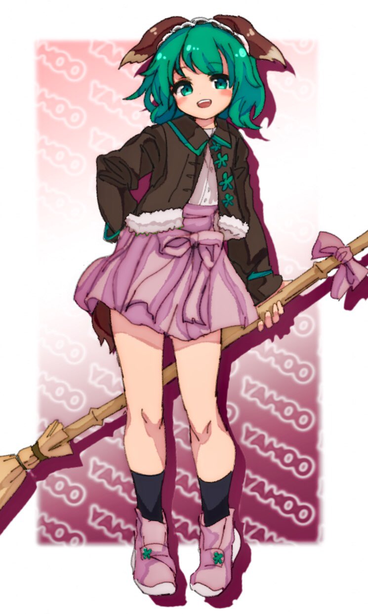 1girl adapted_costume ameyu_(rapon) animal_ears arm_at_side bamboo_broom bare_legs black_jacket black_legwear blush_stickers broom full_body green_eyes green_hair high-waist_skirt highres holding jacket kasodani_kyouko looking_at_viewer miniskirt pink_footwear pink_skirt shoes skirt smile socks solo standing tail touhou