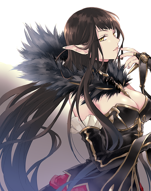 1girl black_hair breasts cleavage detached_sleeves fate/apocrypha fate_(series) fujimaru_(inumog) long_hair pointy_ears semiramis_(fate) yellow_eyes