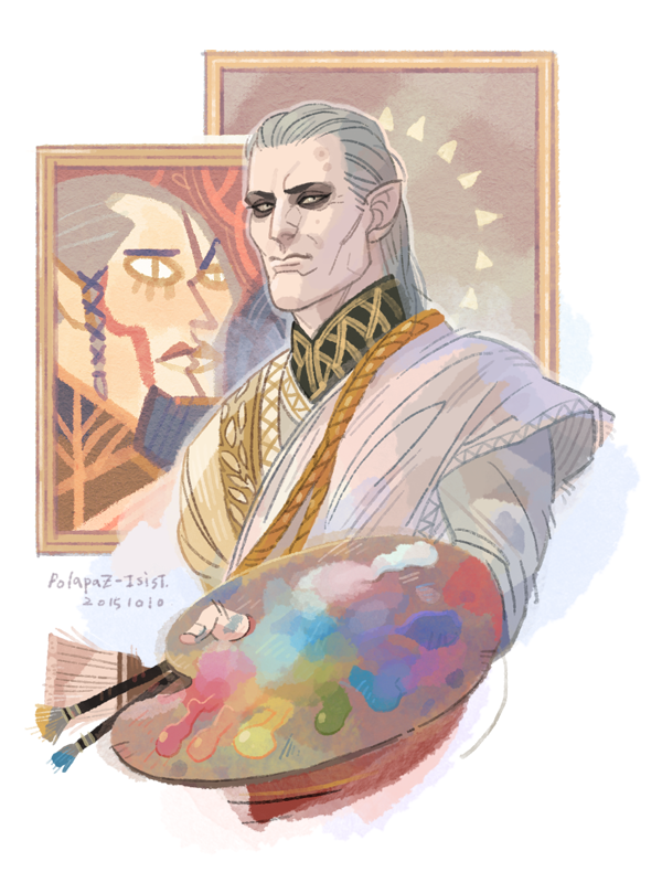 1boy artist_name dated drawing ge'els grey_hair isist male_focus paintbrush pointy_ears simple_background solo the_witcher the_witcher_3 white_background yellow_eyes