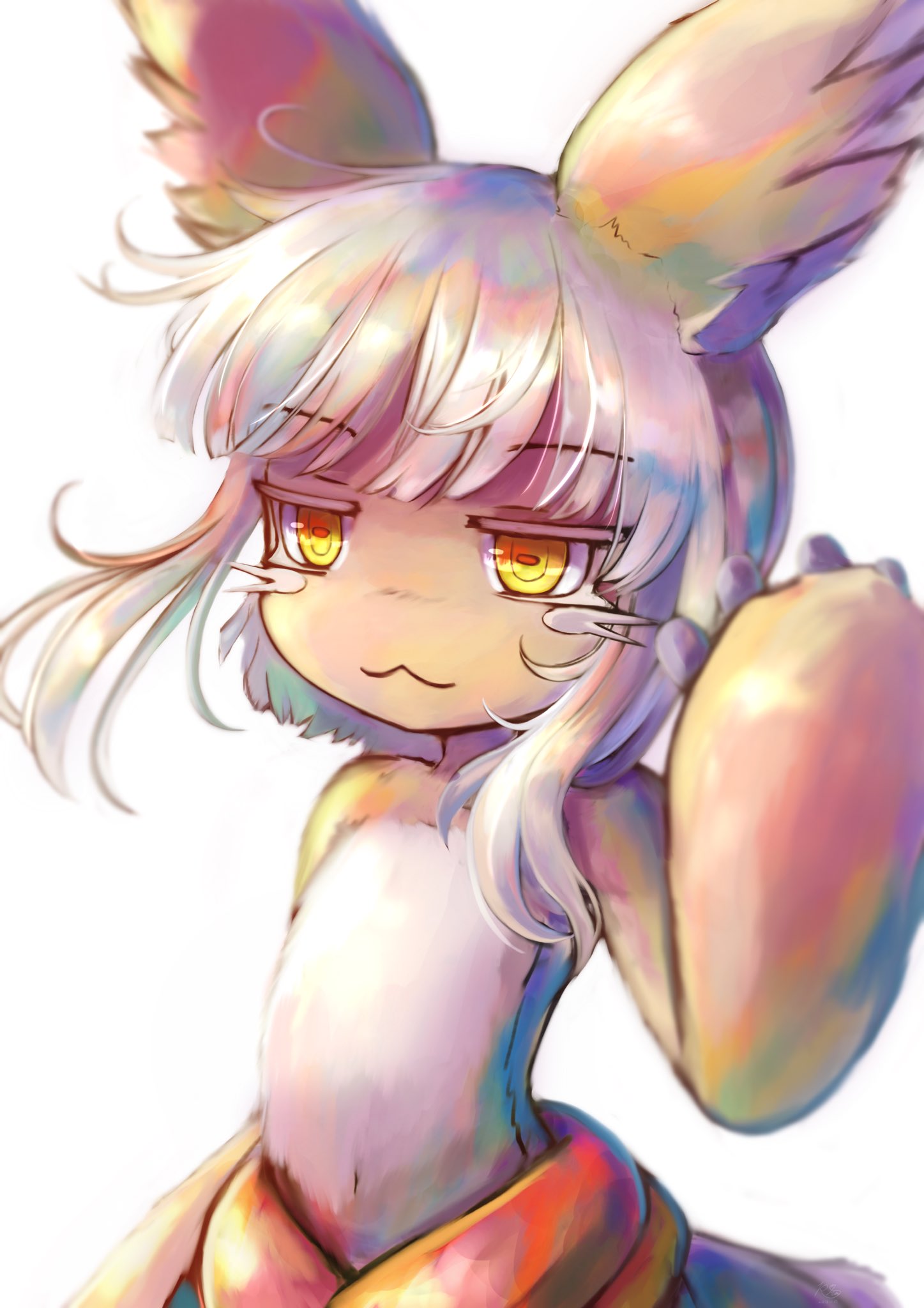 1girl :3 animal_ears bangs blunt_bangs closed_mouth commentary_request eyebrows_visible_through_hair furry highres horizontal_pupils looking_at_viewer made_in_abyss military military_uniform nanachi_(made_in_abyss) naval_uniform paws puffy_pants ria_(efikrisia) short_hair sidelocks silver_hair simple_background solo standing uniform upper_body white_background yellow_eyes