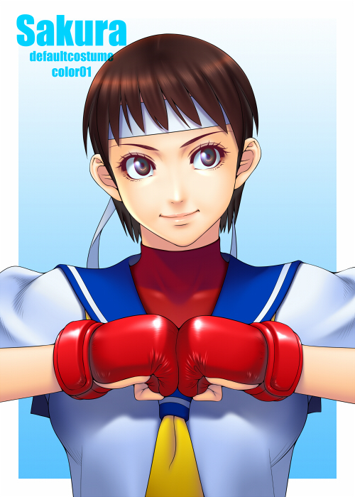 1girl brown_hair clenched_hands fingerless_gloves gloves headband kasugano_sakura ken19941028 neckerchief school_uniform serafuku short_hair smile street_fighter