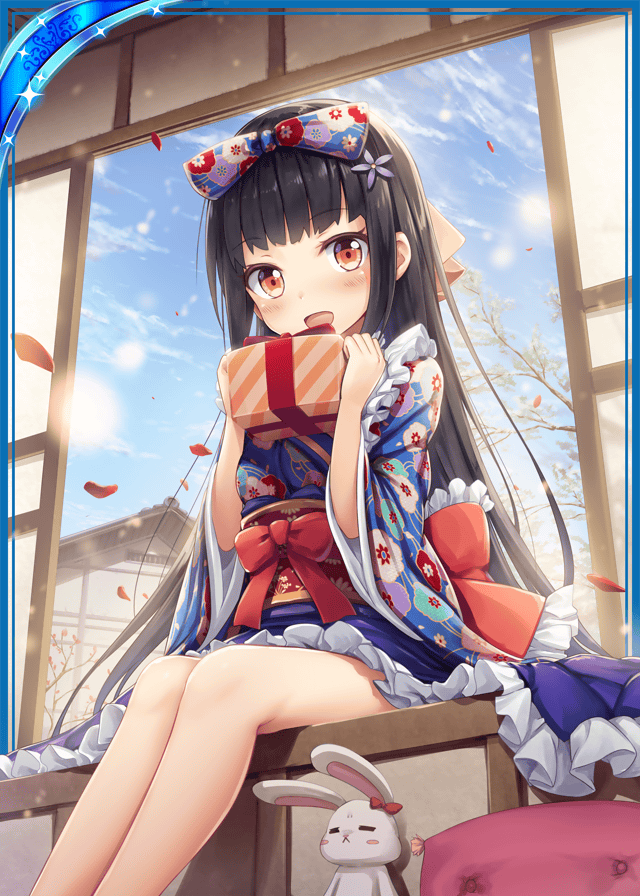 1girl :d akkijin black_hair blue_ribbon blue_sky box card_(medium) floral_print flower gift gift_box hair_flower hair_ornament hair_ribbon indoors japanese_clothes long_hair looking_at_viewer official_art open_mouth open_window orange_eyes print_ribbon rabbit red_ribbon ribbon shinkai_no_valkyrie sitting sky smile solo stuffed_animal stuffed_bunny stuffed_toy window