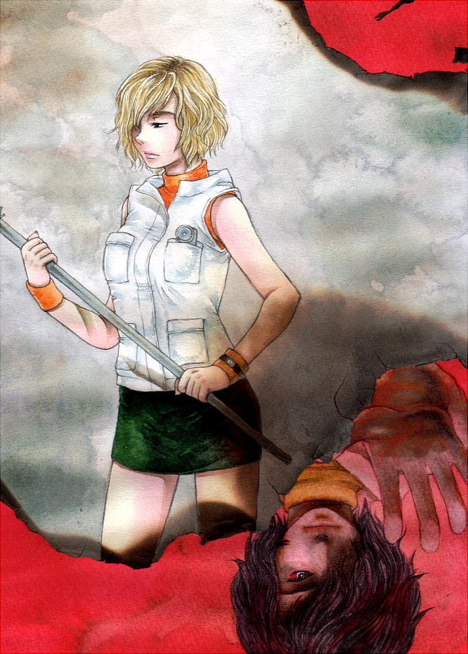 alessa_gillespie black_hair blonde_hair breasts commentary_request hair_over_one_eye heather_mason jacket kikimimi_612 lips memory_of_alessa miniskirt monster_girl multiple_girls short_hair silent_hill skirt vest