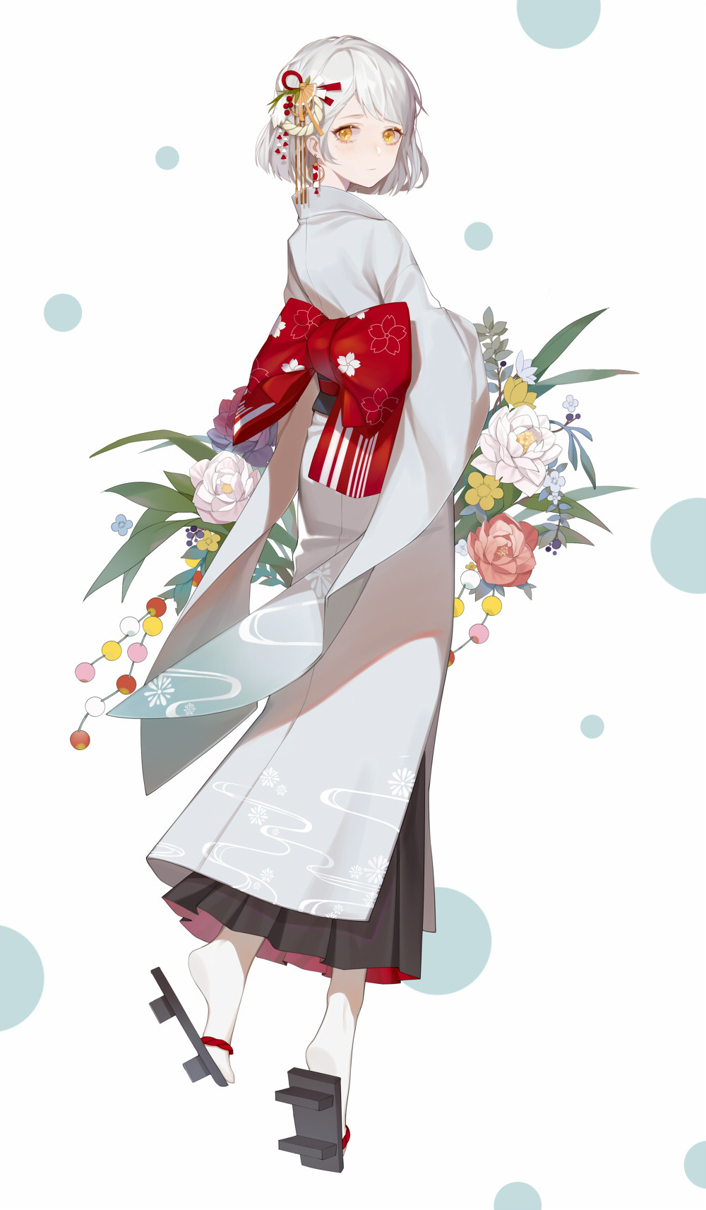 1girl back_bow black_skirt blue_flower blush bow floral_print flower flower_request from_side full_body ginxiee highres japanese_clothes kimono large_bow looking_at_viewer original pleated_skirt red_bow red_flower sandals short_hair simple_background skirt skirt_under_kimono socks solo standing white_background white_flower white_hair white_kimono white_legwear yellow_eyes yellow_flower