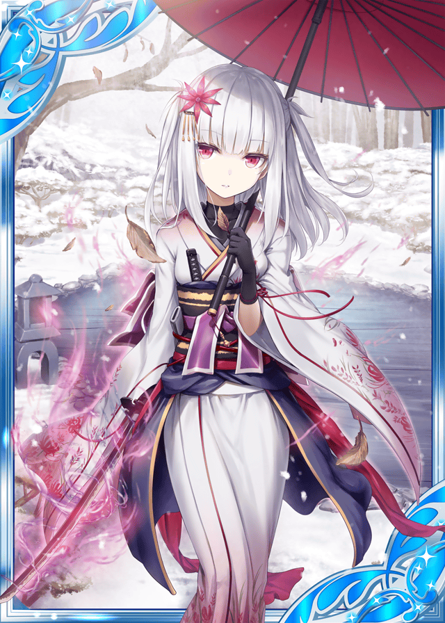 1girl akkijin aura black_gloves card_(medium) energy_sword falling_leaves flower gloves hair_flower hair_ornament holding holding_sword holding_umbrella holding_weapon japanese_clothes katana kimono lake official_art oriental_umbrella outdoors red_eyes shinkai_no_valkyrie short_hair snow snowing solo sword umbrella weapon white_hair