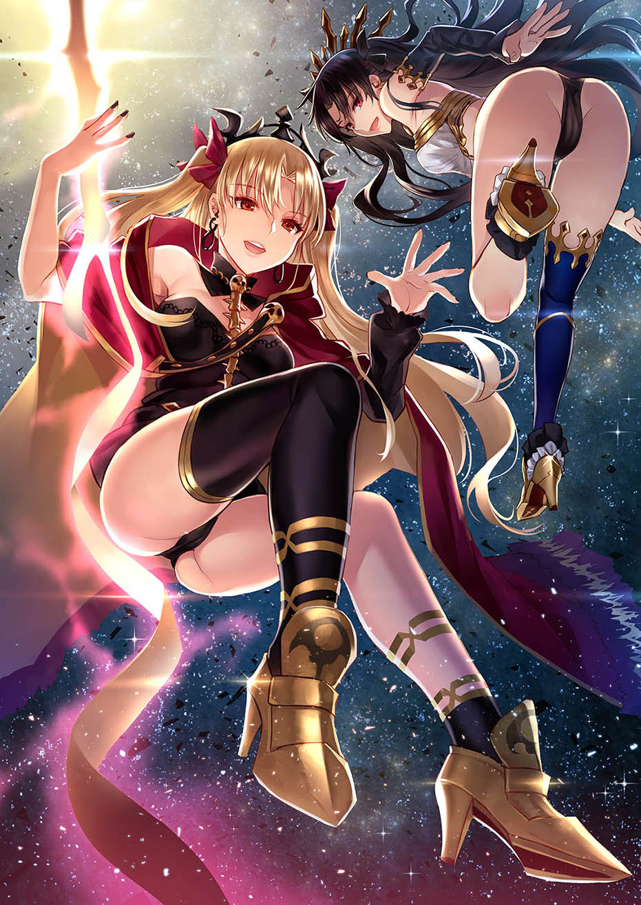 armlet asymmetrical_legwear bangs black_hair blonde_hair breasts cape crown earrings ereshkigal_(fate/grand_order) fate/grand_order fate_(series) hair_ornament hair_ribbon highres hoop_earrings ishtar_(fate/grand_order) jewelry levitation long_hair looking_at_viewer medium_breasts red_cape red_eyes red_ribbon ribbon single_thighhigh skull spine thigh-highs tiara twintails zhen_lu