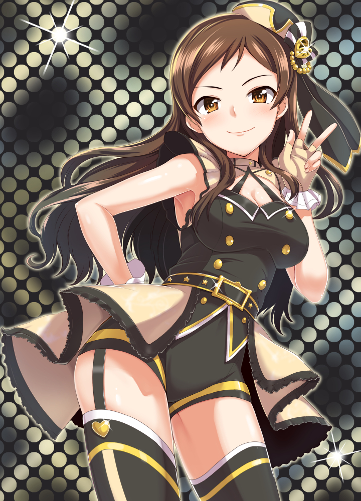 1girl alternate_color armpits breasts brown_eyes brown_hair cleavage dan_(orange_train) garter_straps hat idolmaster idolmaster_million_live! kitazawa_shiho long_hair looking_at_viewer medium_breasts smile solo thigh-highs v