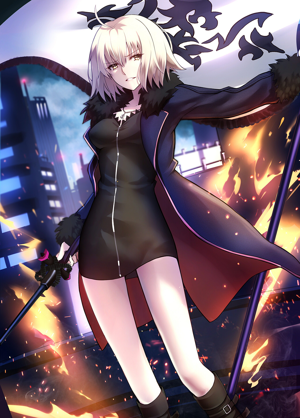 ahoge bangs belt_boots black_dress blonde_hair blue_coat boots breasts brown_footwear building coat dress eyebrows_visible_through_hair fate/grand_order fate_(series) flag fur_trim hair_between_eyes highres holding holding_sword holding_weapon jeanne_d'arc_(alter)_(fate) jeanne_d'arc_(fate)_(all) long_sleeves looking_at_viewer medium_breasts night open_clothes open_coat parted_lips shiguru skyscraper standing sword taut_clothes thighs weapon yellow_eyes