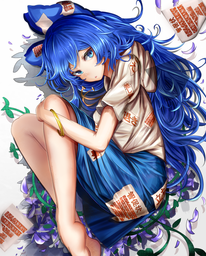 1girl bangle bangs bare_legs barefoot blue_bow blue_eyes blue_hair blue_skirt bow bracelet debt fetal_position hair_bow hood hoodie houdukixx jewelry long_hair looking_at_viewer miniskirt petals short_sleeves skirt solo touhou white_background yorigami_shion