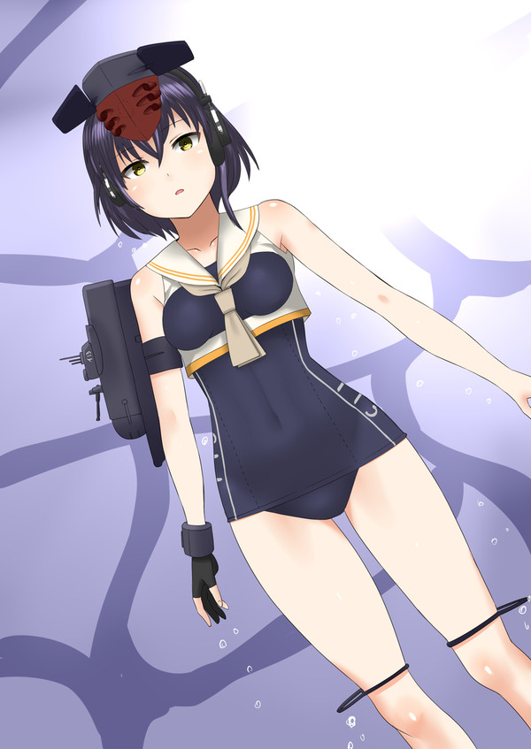1girl 30-06 asymmetrical_hair black_hair blue_swimsuit breasts brown_eyes bubble crop_top framed_breasts gloves hair_between_eyes hat headphones i-13_(kantai_collection) kantai_collection one-piece_swimsuit open_mouth partly_fingerless_gloves sailor_collar school_swimsuit short_hair single_glove solo sunlight swimsuit swimsuit_under_clothes underwater