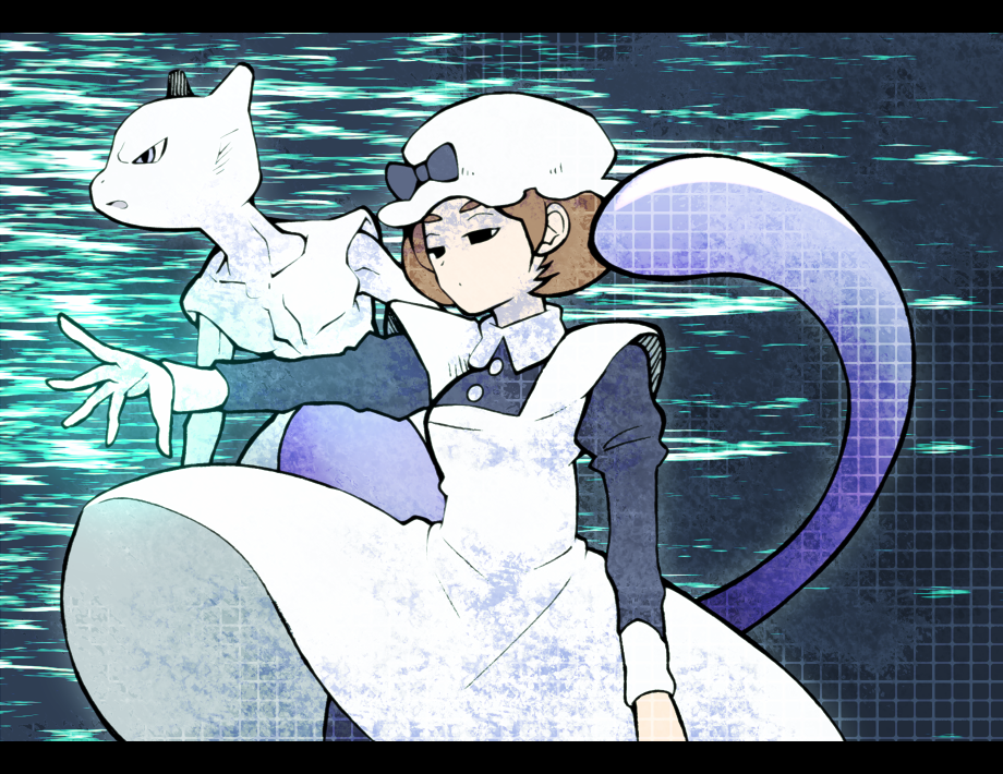 1girl apron bow brown_hair hat maid_(pokemon) mewtwo minashirazu nib_pen_(medium) open_mouth pokemon pokemon_(game) short_hair solo tail traditional_media