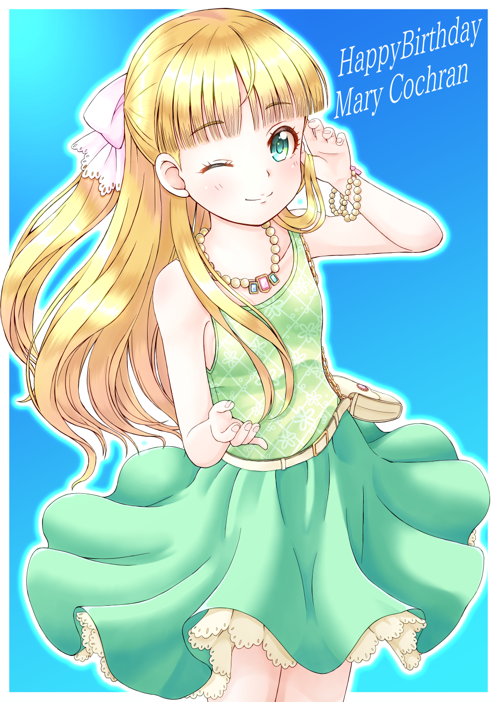 1girl ;) bag bangs bare_arms bare_shoulders blonde_hair blunt_bangs blush bow bracelet chains character_name closed_mouth commentary_request eyebrows_visible_through_hair fingernails green_eyes green_shirt green_skirt hair_bow handbag happy_birthday highres idolmaster idolmaster_cinderella_girls jewelry long_hair looking_at_viewer mary_cochran one_eye_closed pink_background pleated_skirt regular_mow shirt shoulder_bag skirt sleeveless sleeveless_shirt smile solo very_long_hair