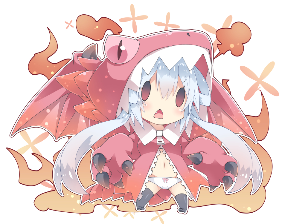 1girl :&lt; animal_costume bangs black_legwear bow bow_panties breasts chibi claws commentary_request dragon_costume dragon_wings eyebrows_visible_through_hair fang full_body groin hair_between_eyes hair_rings large_breasts long_hair matoi_(pso2) milkpanda navel open_mouth panties phantasy_star phantasy_star_online_2 red_eyes red_wings silver_hair solo standing thigh-highs triangle_mouth twintails underwear unzipped very_long_hair white_panties wings