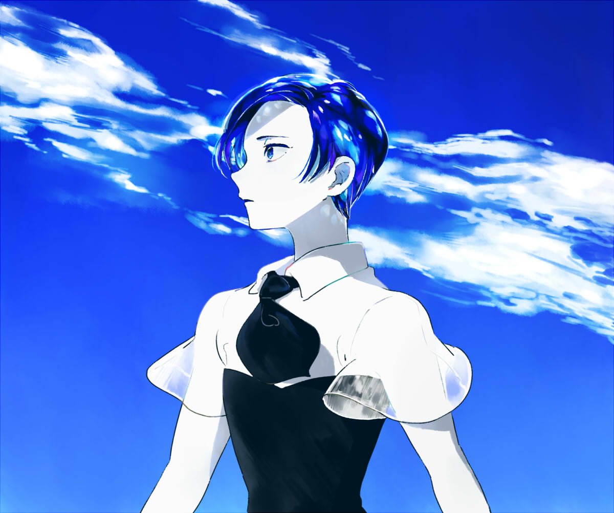 androgynous benitoite_(houseki_no_kuni) blue_eyes blue_hair blue_sky clouds gem_uniform_(houseki_no_kuni) houseki_no_kuni looking_away necktie short_hair sky solo tezo_(mokka_mk) uniform upper_body