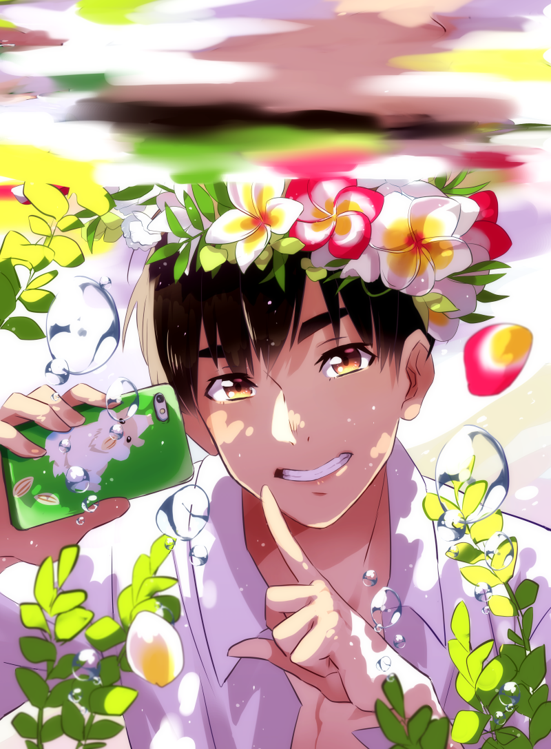 1boy 20day_cc air_bubble black_hair brown_eyes bubble cellphone flower index_finger_raised male_focus phichit_chulanont phone smartphone underwater upper_body yuri!!!_on_ice