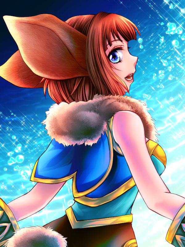 1girl animal_ears blue_eyes breasts brown_hair chrono_cross commentary_request fur fur_trim janice monster_girl short_hair sideboob solo tail