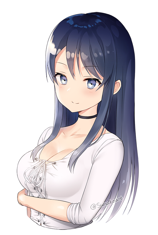 1girl arm_across_waist bangs black_choker blue_eyes blue_hair blush breasts choker cleavage closed_mouth collarbone cross-laced_clothes large_breasts long_hair long_sleeves looking_at_viewer real_life shirt simple_background sleeves_rolled_up smile solo sunako_(veera) twitter_username upper_body white_background white_shirt