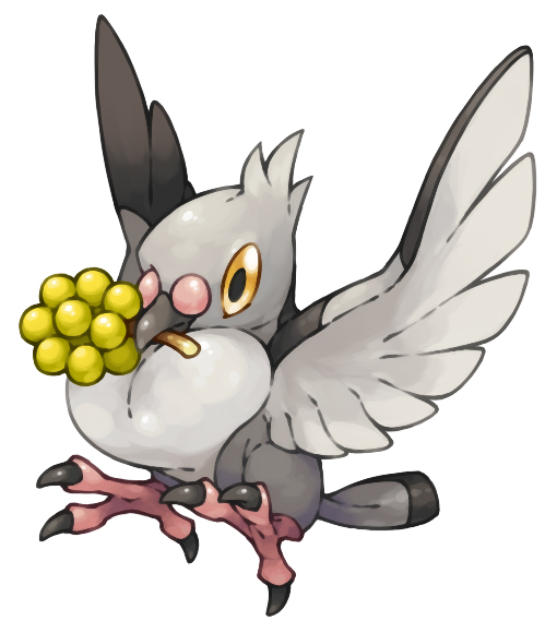 berry commentary_request flying full_body looking_at_viewer mouth_hold no_humans pearl7 pidove pokemon pokemon_(creature) simple_background solo spread_wings white_background