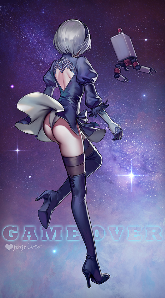 1girl android ass back_cutout black_dress black_hairband boots dress feather-trimmed_sleeves floating fogriver from_behind gloves hairband high_heel_boots high_heels juliet_sleeves leotard leotard_under_clothes long_sleeves nier_(series) nier_automata pod_(nier_automata) puffy_sleeves robot short_hair silver_hair star_(sky) thigh-highs thigh_boots thighhighs_under_boots turtleneck white_leotard yorha_no._2_type_b