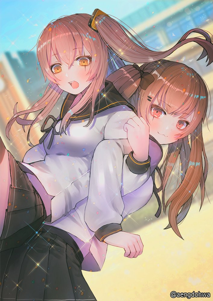 2girls :3 back-to-back bangs belly_peek black_legwear black_ribbon black_skirt blurry blush breasts brown_eyes brown_hair building depth_of_field eyebrows_visible_through_hair flying_sweatdrops girls_frontline hair_between_eyes hair_ornament hair_over_shoulder hair_ribbon hairclip hanato_(seonoaiko) jacket lifting_person locked_arms long_hair looking_at_viewer multiple_girls open_mouth pleated_skirt ribbon sailor sailor_collar scar scar_across_eye school school_yard side_ponytail skirt smile surprised thigh-highs thighs twintails twitter_username ump45_(girls_frontline) ump9_(girls_frontline) wind wind_lift yellow_eyes