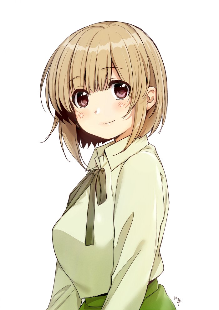 1girl amaetai_hi_wa_soba_ni_ite bangs blush brown_hair character_request closed_mouth collared_shirt commentary_request eyebrows_visible_through_hair green_neckwear green_ribbon green_skirt grey_shirt kawai_makoto long_sleeves looking_at_viewer neck_ribbon ribbon shirt signature simple_background skirt smile solo upper_body violet_eyes white_background wing_collar